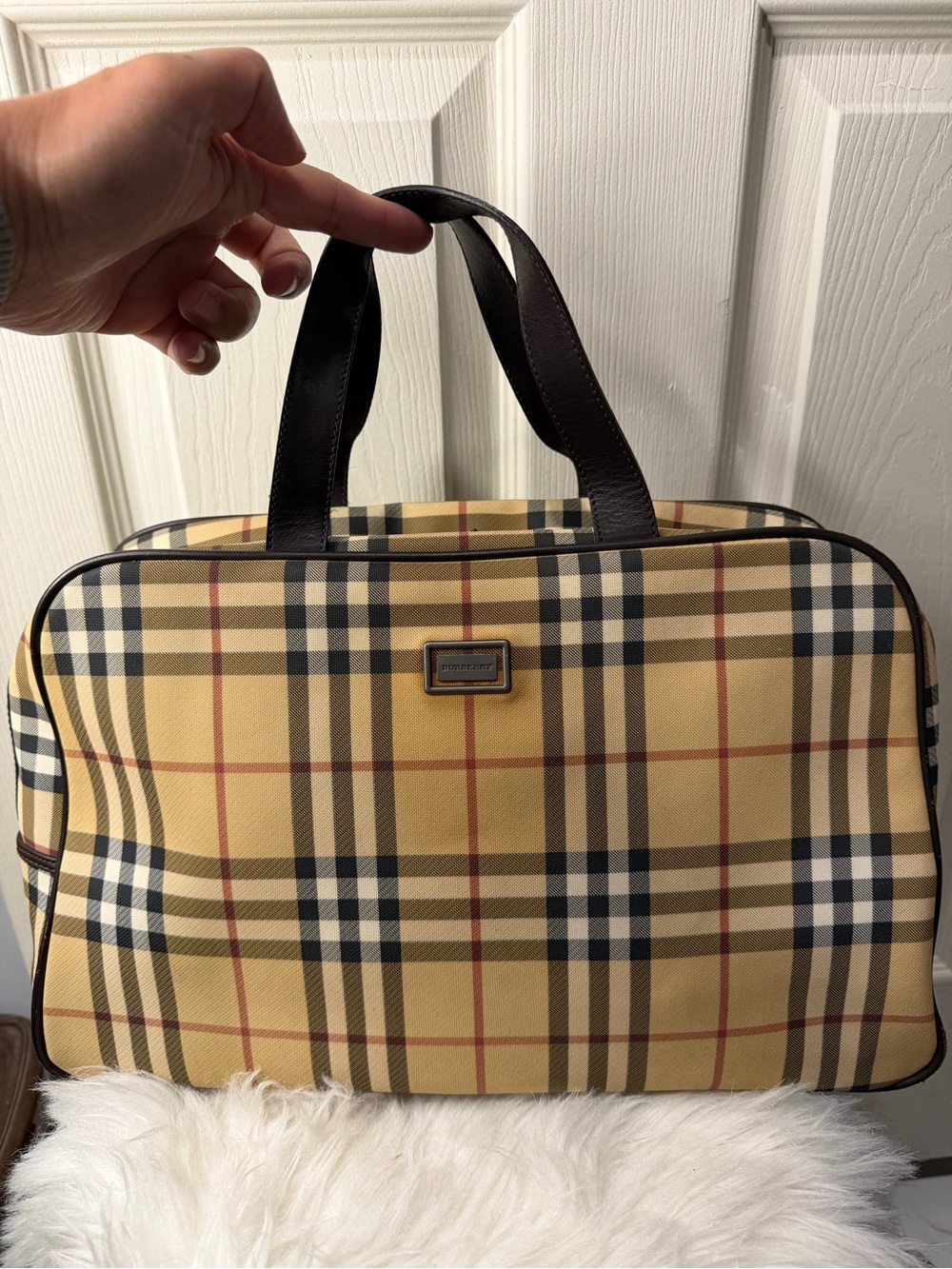 Burberry Yellow Check Travel Tote with Dark Brown Handles